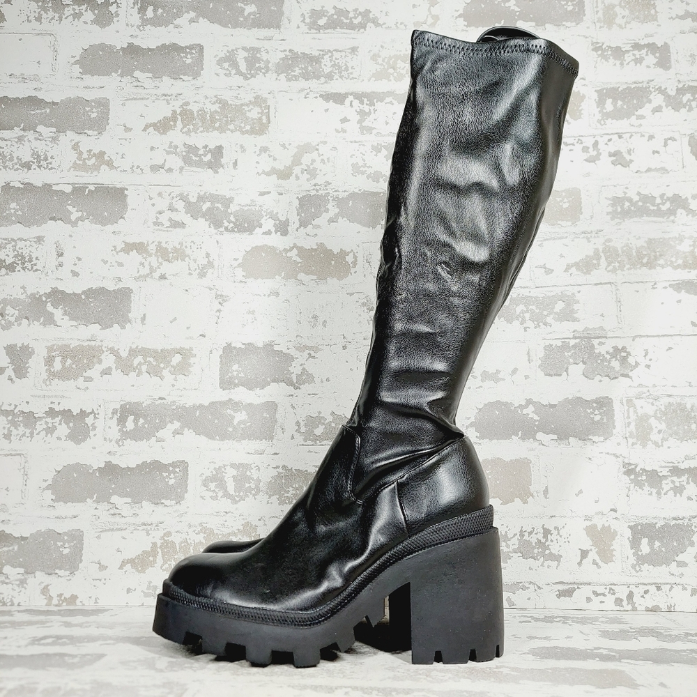 New Steve Madden Derby Black Vegan Chunky Sole Knee High Boots X459
